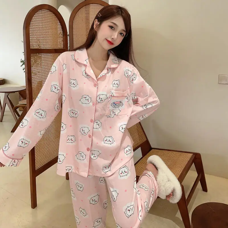 2Pcs Anime Chiikawa 순수 코튼 잠옷 세트 Usagi Homewear 라운드 넥 탑 바지 세트 Hachiware 귀여운 가정 의류 세트 선물