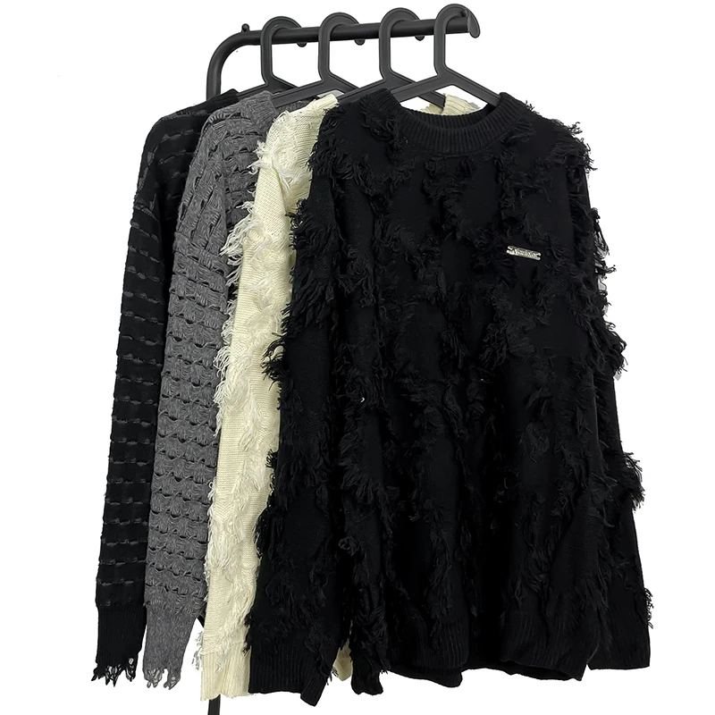 2023 Autumn Winter American Retro Fringed Burr Knitted Sweater Men's Fashion Brand Design Sense O-neck Coat Pullovers Knitwear