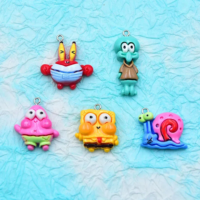 

5pcs SpongeBob SquarePants Cartoon Bright Face Charm Pendant Simulate Patrick Mr. Krabs Keychain Pendant DIY Jewelry Accessories