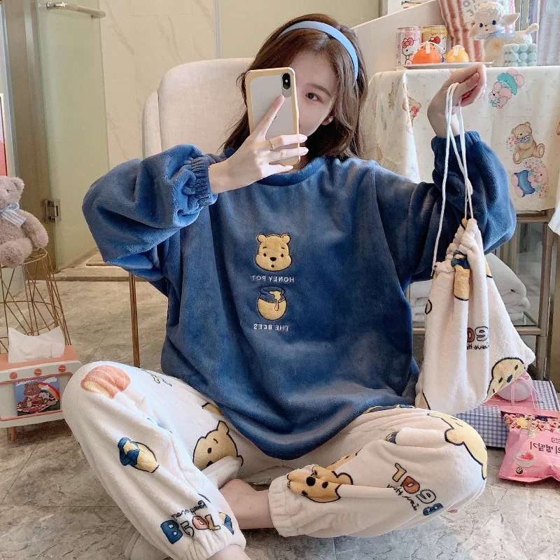 

Women Pajama Set Warm Flannel Pajamas Sleepwear Homewear Thick Winter Velvet Female Plush Pyjamas Suit Sweatshirt