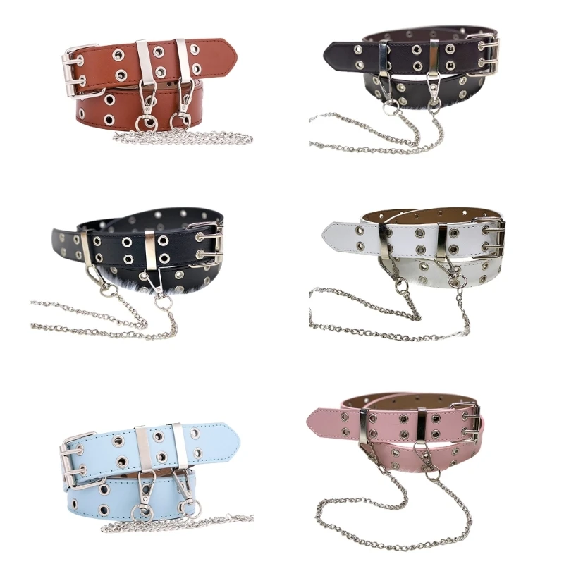 

Fashion Womens Faux Leather Casual Belt with Double Grommet Detachable Chain