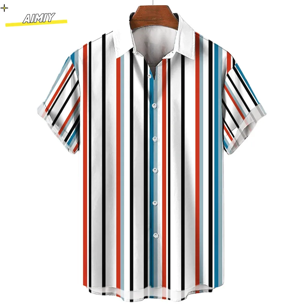 

Men's Summer Stripes Casual Shirt Hawaiian Print Short Sleeve Beachwear Vacation Fashion Social Lapel Button Oversized Clothing