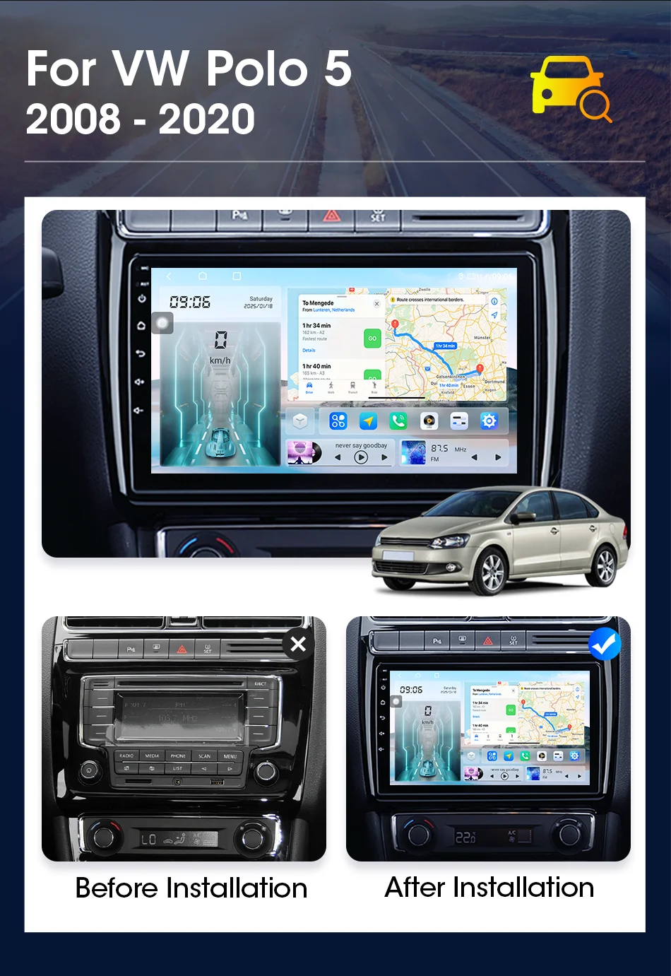 Autoradio für Volkswagen VW POLO 5 Limousine 2008–2020, Carplay, Android, Auto, GPS-Navigation, Multimedia, Automobil, intelligente Systeme – Detail 4
