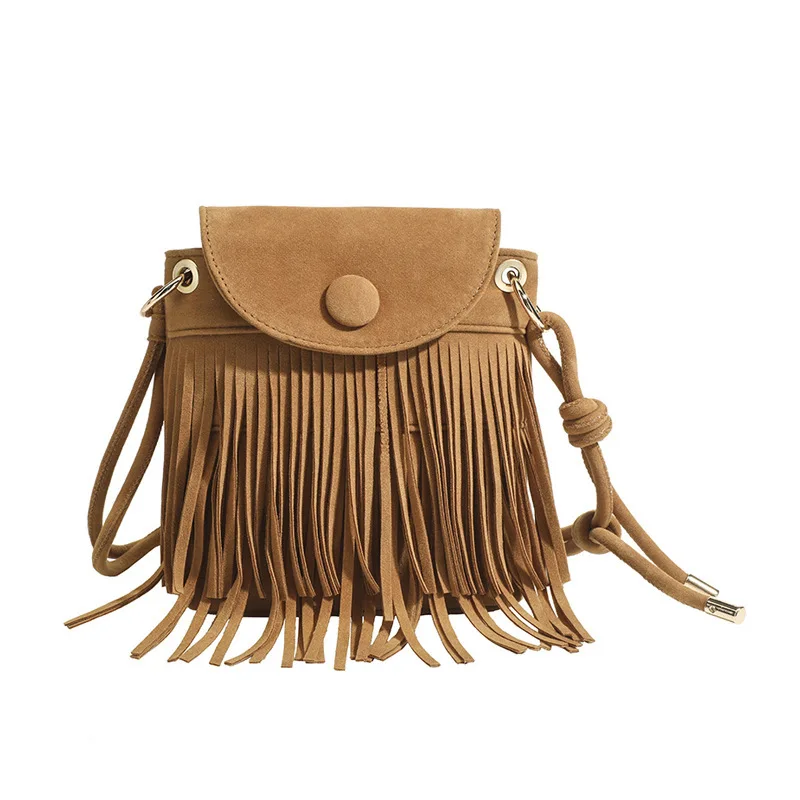 2024 New Retro Ethnic Style Fringe Bag Retro One-shoulder Oblique Bag Frosted Soft Leather Women's Bag