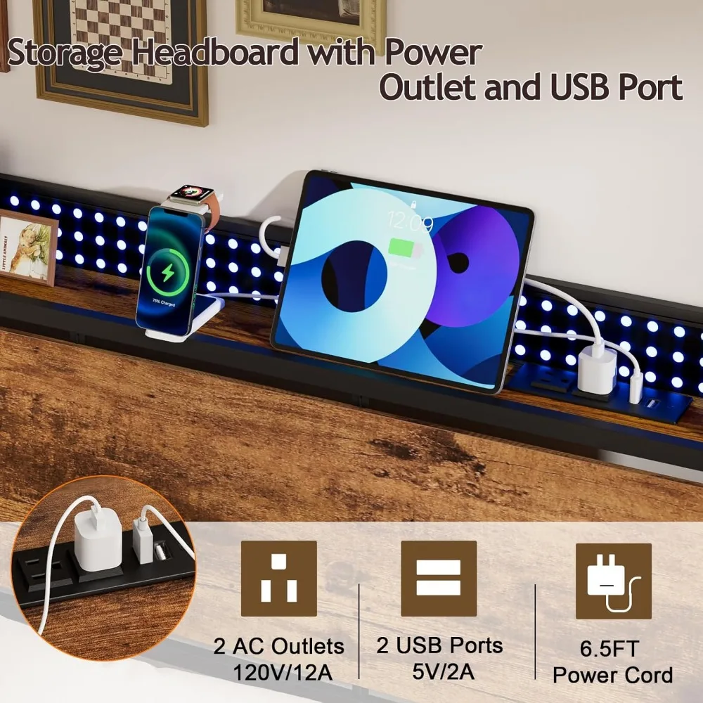 Bed Frame with Charging Station and LED Lights,Industrial Platform Beds Queen Size with Storage Headboard, Bed Frames 4