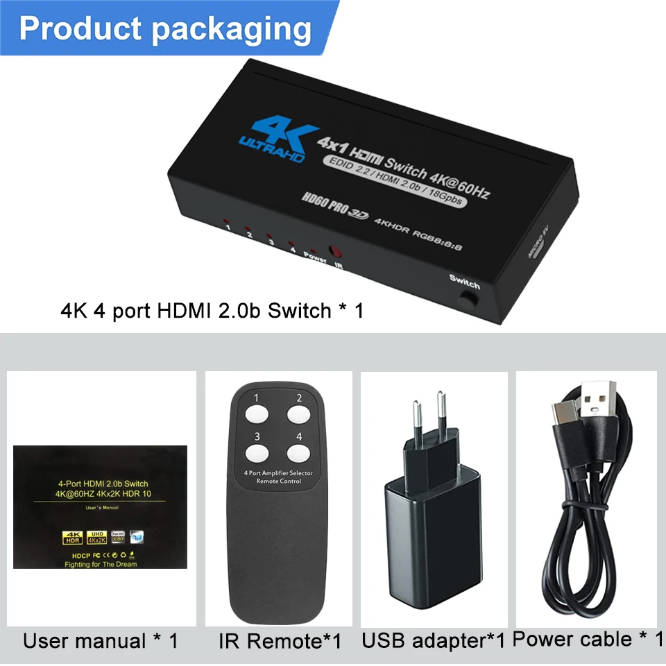 Best 4K HDMI Switch 2.0 Support RGB 4:4:4 HDR HDMI Switch 4K 60Hz 2.0 Remote IR UHD 4 Port Switcher
