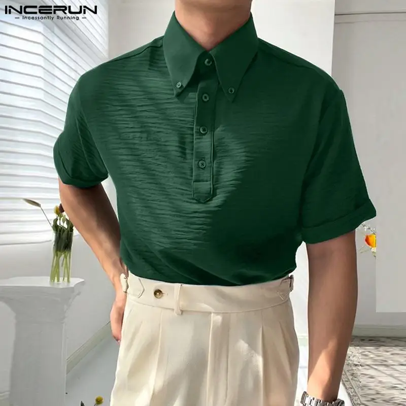 

Men Shirt Solid Color Lapel Short Sleeve Streetwear Korean Style Casual Shirts Summer 2024 Fashion Men Clothing S-5XL INCERUN