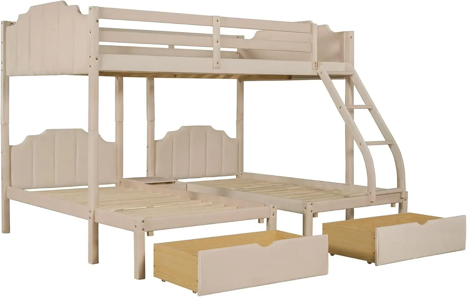 Full Over Twin & Twin Bunk Bed, Velvet Triple Bunk Bed with Drawers and Guardrails, Beige 2025 Christmas gifts 6