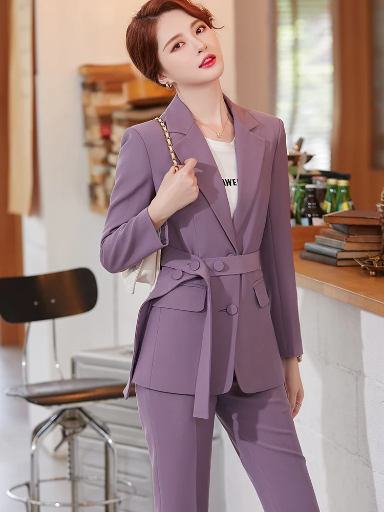 Women Purple White Blue Ladies Pant Suit With Sashes Female Single Breasted Formal Blazer And Trousers 2 Piece Set For Work Wear