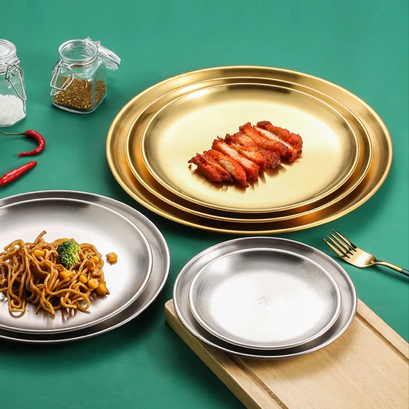 Stainless steel Dinner Plates Restaurant Gold Serving Tray Round Dessert Cake Snack Dishes Silver Storage Plate Korean Cutlery |