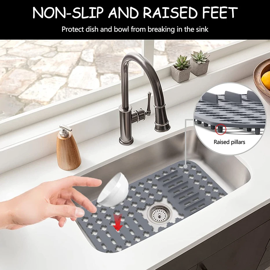 Kitchen Sink Protector Mat Pad Set, 3 Piece Combo Set Includes -2 Sink Mats  - 1 Sink Saddle - 3 Drain Stopper