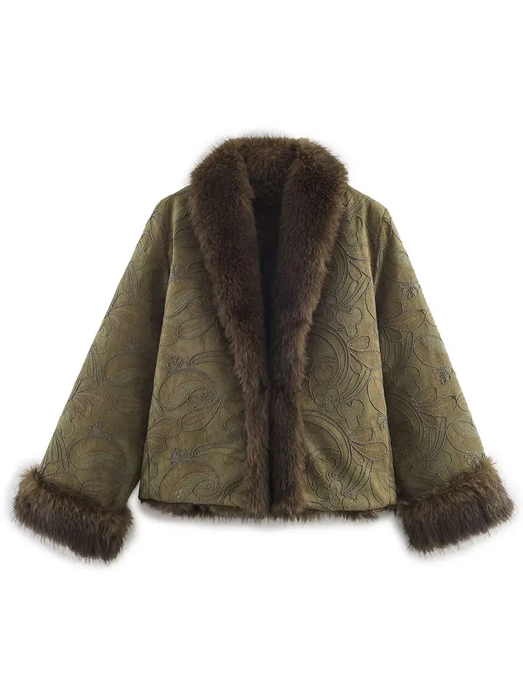 HH Women Elegant Fashion Embroidery Cardigan Coats Long Sleeve Faux Fur Collar Jacket Autumn Winter Warm High Street Outerwear