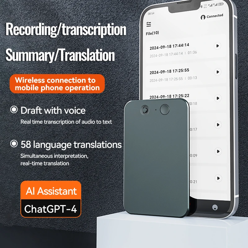 AI ChatGPT-4 App Phone Call Activated Voice Recorder Transcribe Summarize LanguageTranslation Smart Magnet Adsorb 8GB Dictaphone voice recorder