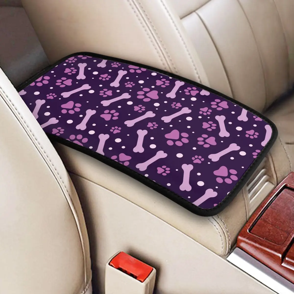 Leather Car Armrest Cover Mat Cute Purple Paw Print Center Console