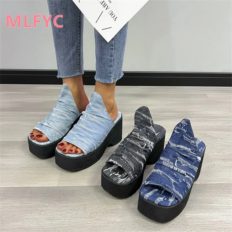 

Thick soled sloping heel fashionable outerwear open toe square toe sandals for women's shoes Korean denim high heel fish mouth