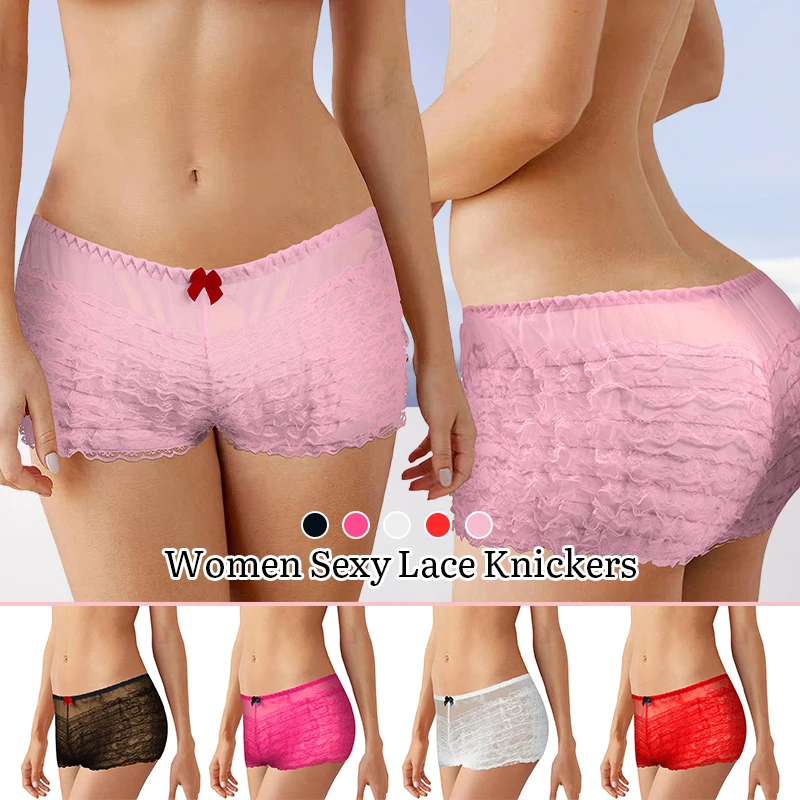 Women Sexy Lace Ruffle Dance Bloomers Lingerie Retro Cheeky Booty Panty Shorts Pettipants Mesh Frilly Pettipants Shorts