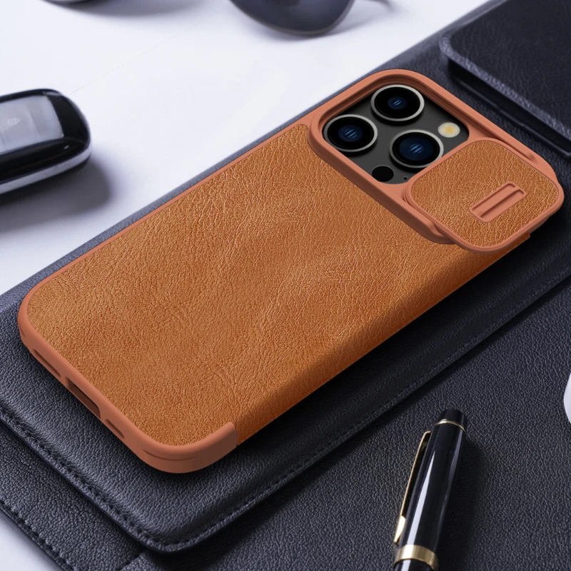 For iPhone 15 Pro Max Nillkin Qin Pro Flip Leather Case Lens Sliding Cover with Card Slot Book Cover for iPhone 15 Pro Shell