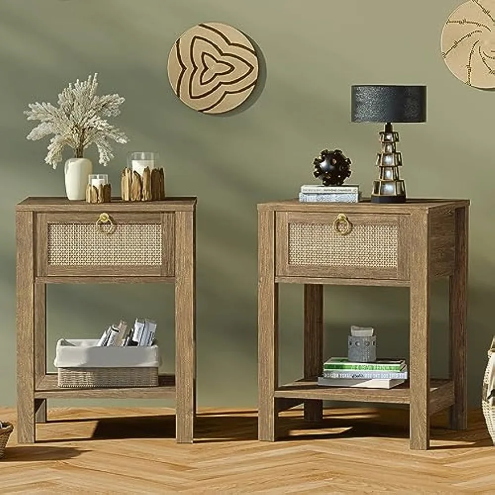 NightstandSetof2RattanDecorDrawerwithBrassKnobsNightStand