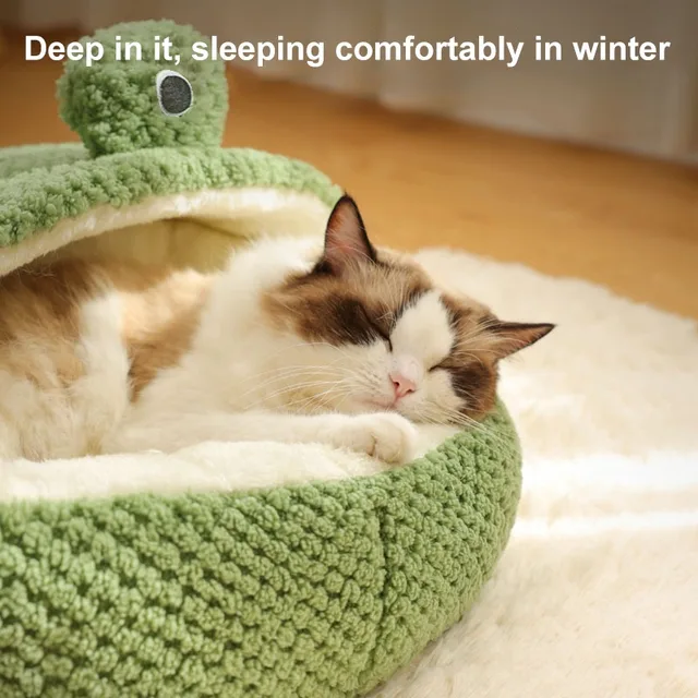 Pet Bed for Small Dogs Cats, Winter Warm Plush Round Puppy Bed Green Cartoon Frog Design Dog Nest Cat Basket 3