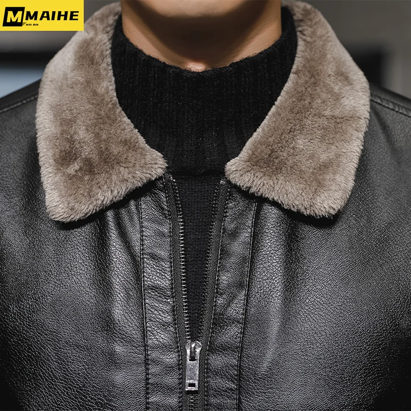 2023 Men's Leather Jacket Thickened Plush Winter Business Casual Slim Fit Square Collar Pu Leather Jacket Fashionable Retro Coat