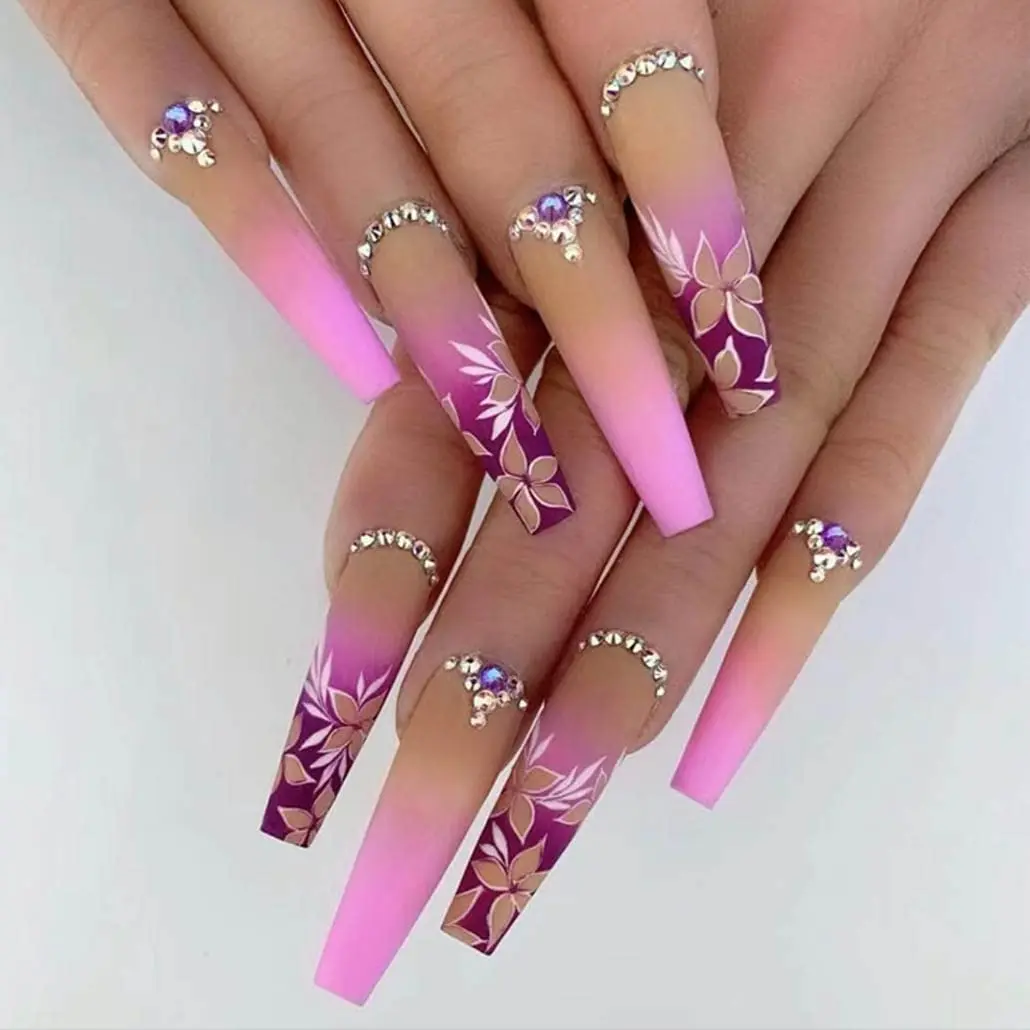 Rhinestone Pink Artificail Extra Long Press On Fake Nails with Glitter Acrylic Full Cover Design Nail