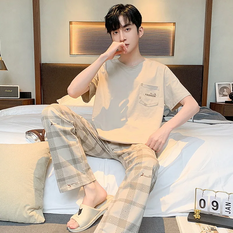 Spring Summer Size L-3XL Men's Pajamas Teenage Long-Sleeved Pajamas Set Loose Casual Homewear  Suit  Two-Piece  Soft Pure Cotton