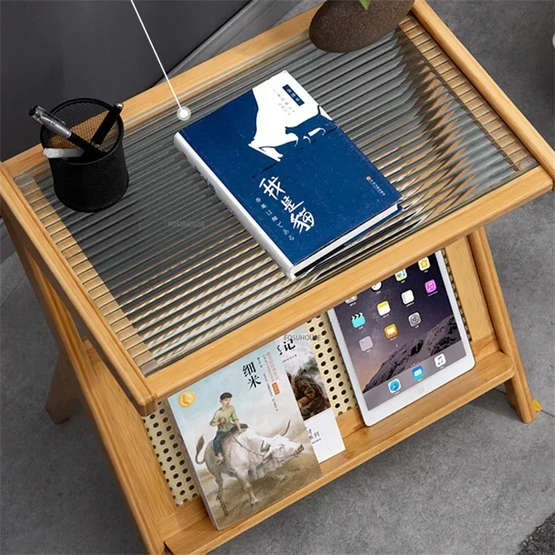 Modern Bamboo Sofa Side Table Home Furniture Living Room Creative Coffee Corner Glass Balcony Leisure Table Rattan Edge