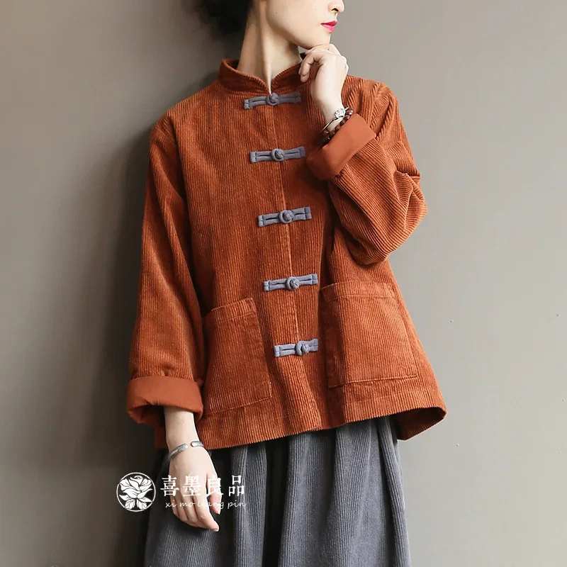 

Женская Вельветовая куртка, элегантный свободный китайский костюм Тан, модное современное Восточное пальто на осень и зиму, винтажная Китайская одежда для женщин, Новинка