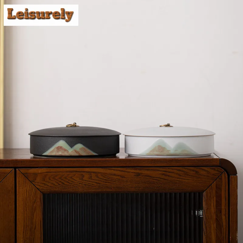 Hand Drawn Far Mountain Tea Cake Tea Box Organizer Moisture-proof Handmade Storage Tank Containers Tea Caddy Tableware Ornaments