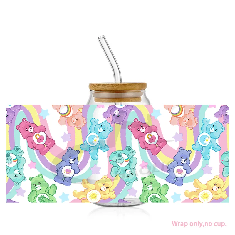 Cute Bear Rainbow UV DTF 16oz Libbey Cup Digital Wrap UVDTF Transfer Adhesive Wrap No Heat Needed Cup Not Included sticker cups cup wraps uv dtf wrap transfer