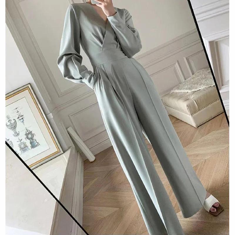 Office Ladies V-neck Full Sleeve Ladies Jumpsuit Elegant Temperament Slim Wide Leg Loose Jumpsuit Ladies Jumpsuit Spring 2023