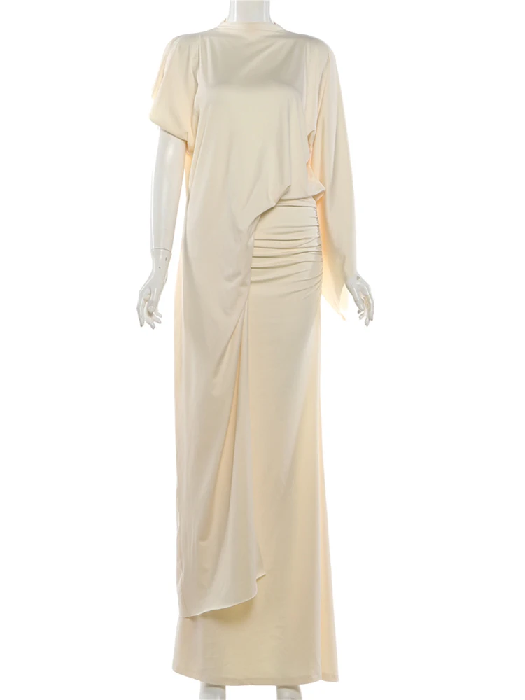 Nibber Elegant 2-Piece Set Women a Sleeve Irregular Hem Crop Tops+Folds Elastic Waist Long Skirts Solid Elasticity Fashion Suit