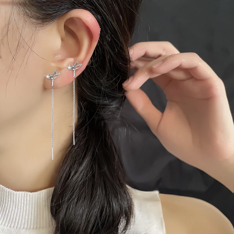 

INS Summer Silver Angel Wings Elf Earrings Women's Super Charm Show Slender Tassels Y2K Korean Fashion Jewelry Gift