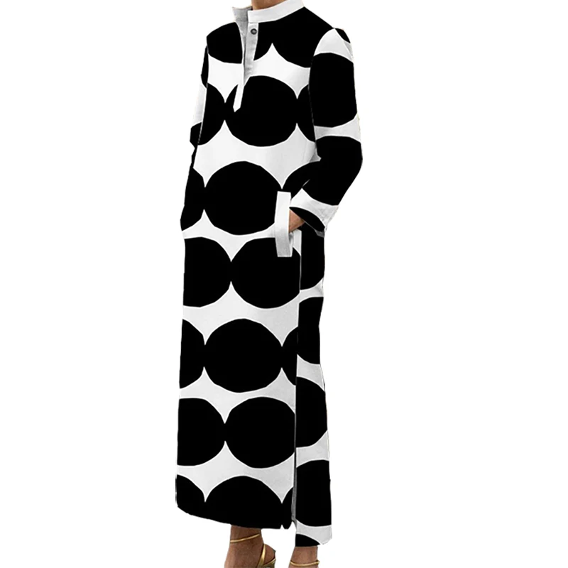 

Krismile Spring Summer Black Polka-Dot Stand Collar Casual Dress Urban Long Sleeves Party Evening Maxi Dresses For Women