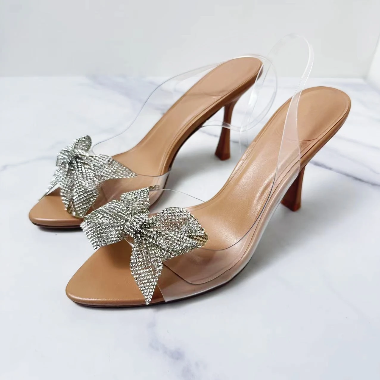 

2024 New Women's Shoes Fashion Bow Decorated With Plastic High-heeled Sandals Crystal Women's Sandals