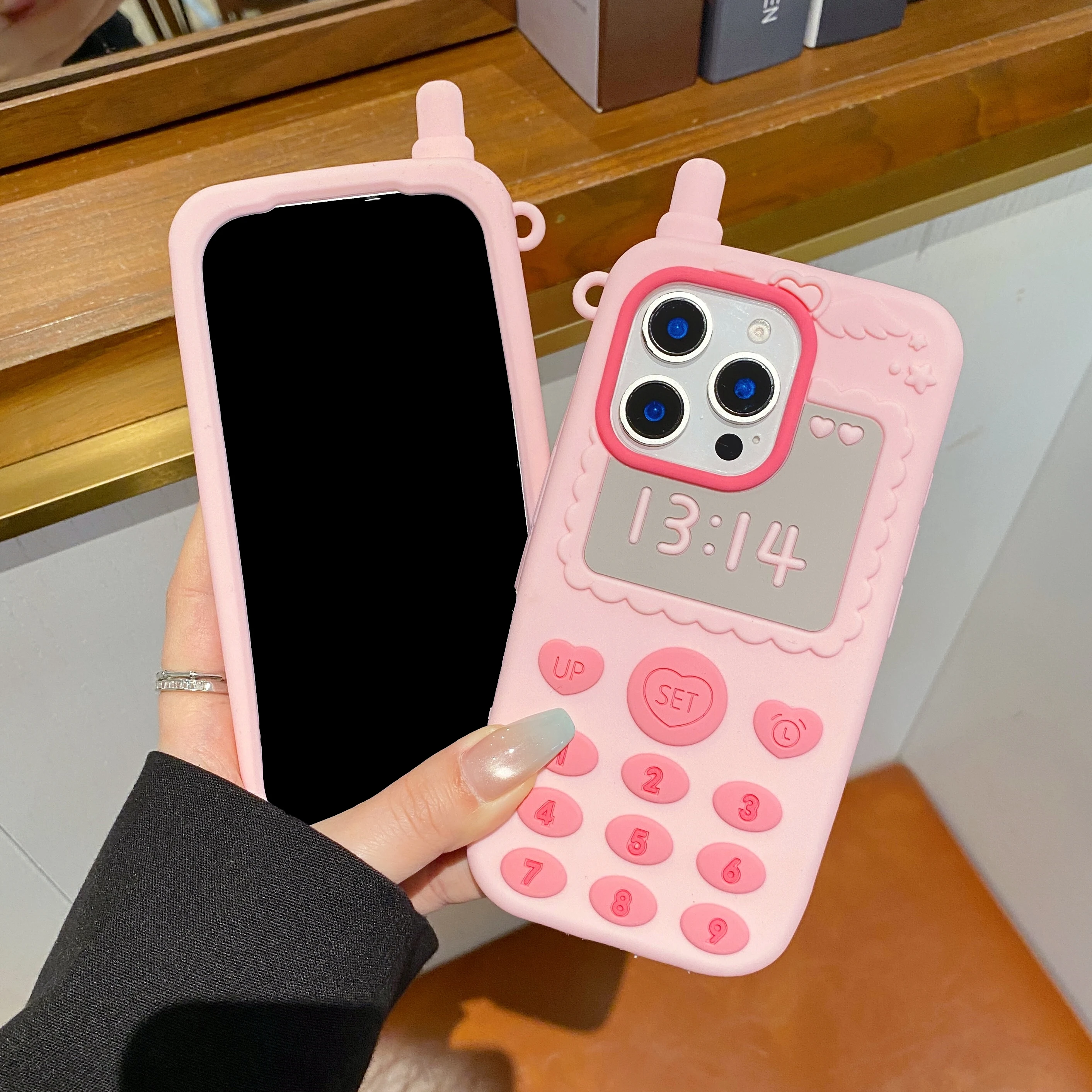 3D Pink Telephone Antenna Silicone Phone Case with Love Heart Shockproof Cover