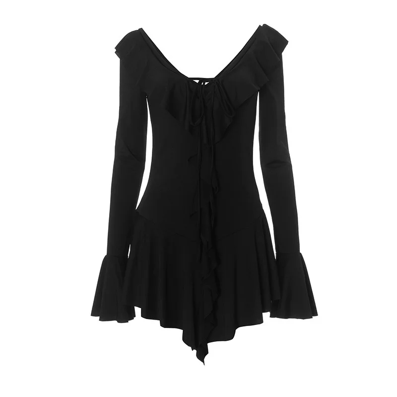 Sexy Deep V Ruffled Bodycon Short Skirt For Women Fall Ruffled Flared Sleeves Party Evening Dress Street Clothing