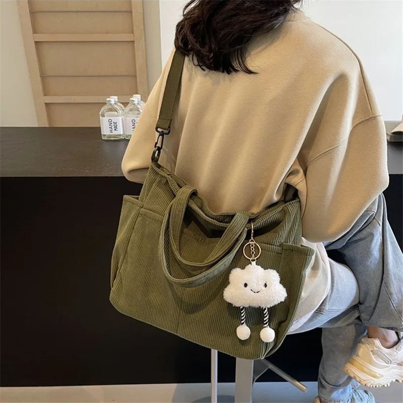 Four Seasons Corduroy Totes Bag Large Capacity Shoulder Crossbody Bag Black/Beige/Brown Spacious for Women‘s Casual Daily Use