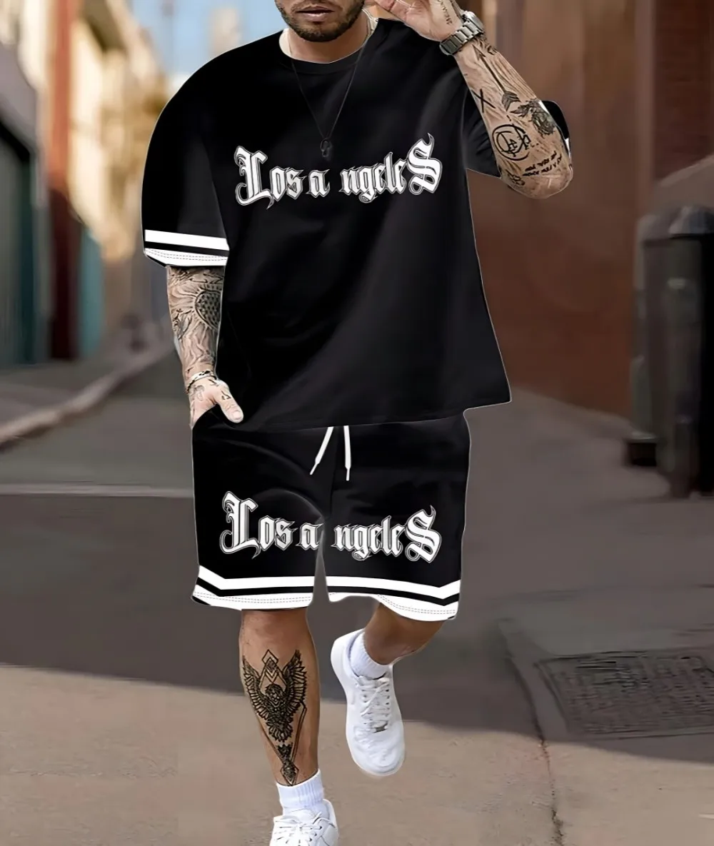 Summer New Men's 3D Printed Breathable Round Neck T-shirt and Shorts Set Polyester Fiber Fabric Outdoor Leisure Set