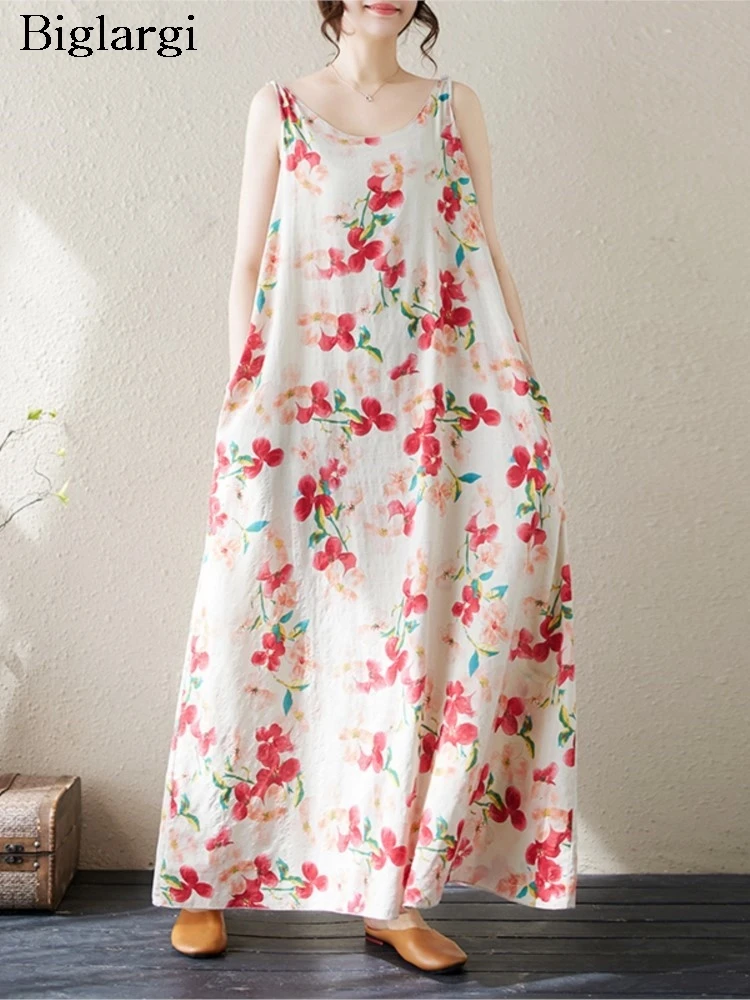 

Женское длинное платье без рукавов, повседневное свободное платье большого размера с цветочным принтом в богемном стиле, лето