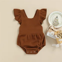 0-24 Months Baby Girl Summer Solid Color Romper Short Sleeve Simple Plain Ribbed Bottom Bodysuits Toddler Snap Bottom Jumpsuit