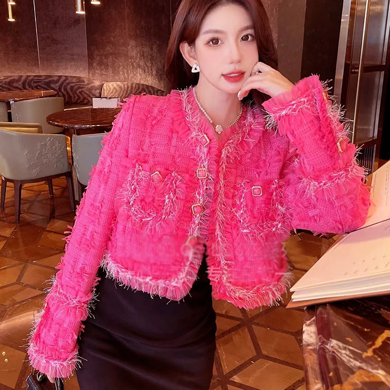

High Quality 2023 New Fashion Fall Winter Womens Full Sleeve Pockets Tassel Spliced Lace Lurex Tweed Rose Color Jacket