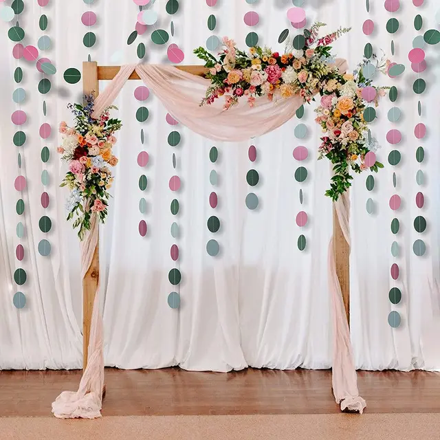 15 Pièces Décorations Fête En Papier – Lanternes, Fleurs, éventails Vert Sauge Et Rose Poudré Pour Mariage, Baby Shower - 6