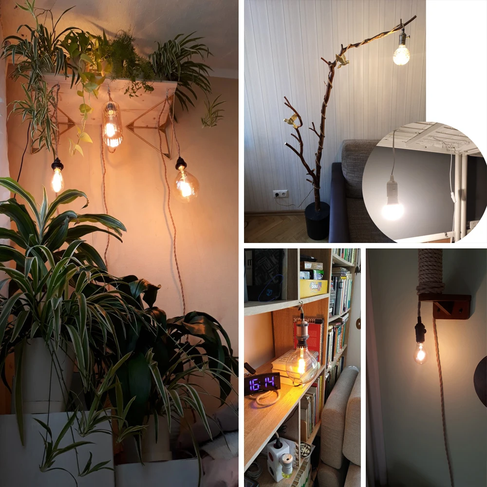 Vintage Hemp EU Plug Power Cord with ON/OFF Switch for Retro Pendant Lighting Decor