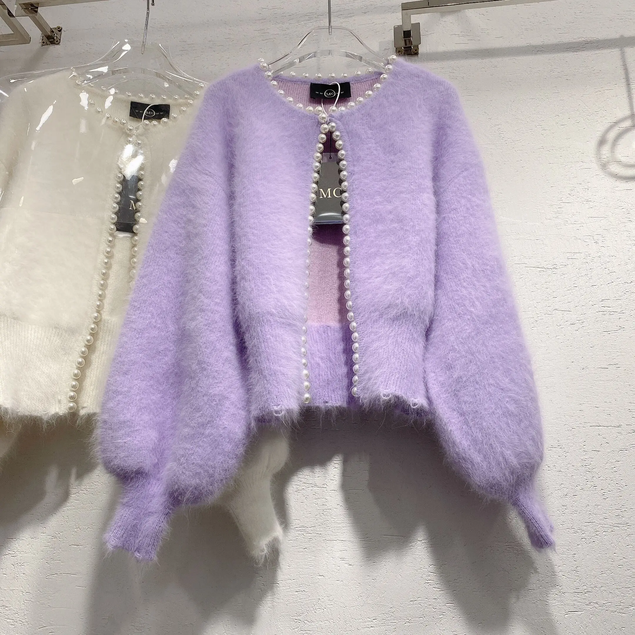 여성용 인조 밍크 진주 비즈 스웨터, 가디건, 랜턴 슬리브, O-넥, 루즈한 스위트 니트 코트, 상의 점퍼, 가을, 겨울, 2022