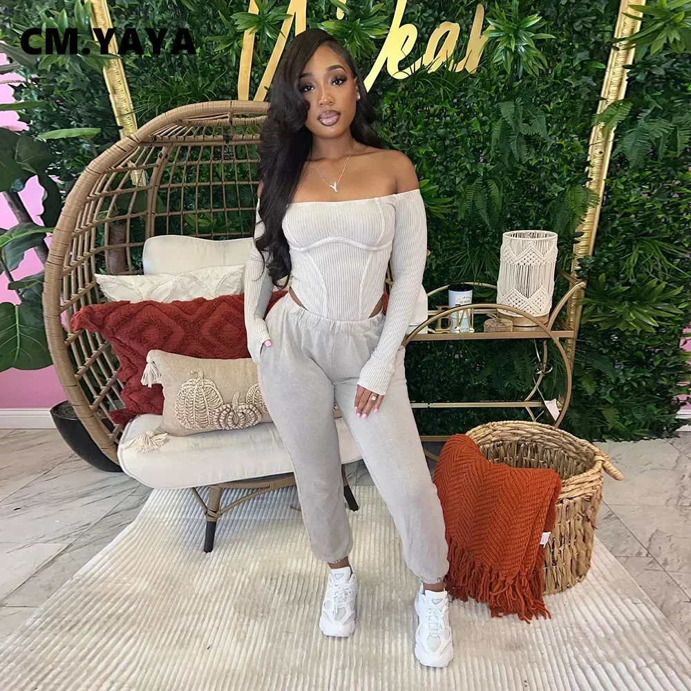 CM.YAYA Fashion Women's Set Off Shoulder Long Sleeve Knit