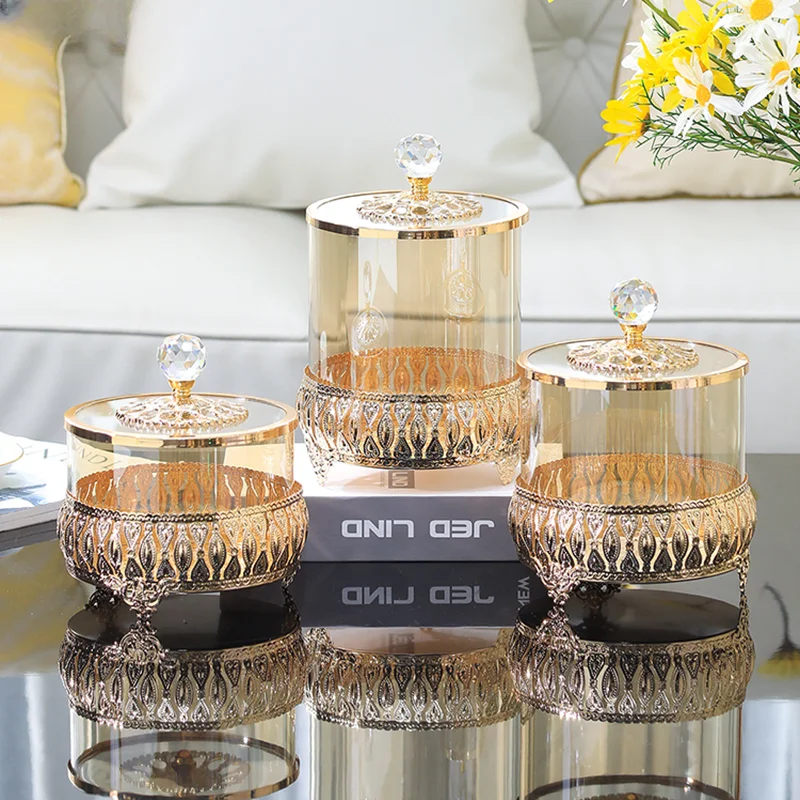 

Glass Storage Jar Metal Relief Pattern Household Creative Snacks Candy Storage Tank Modern Living Room Cotton Swab Toothpick Jar