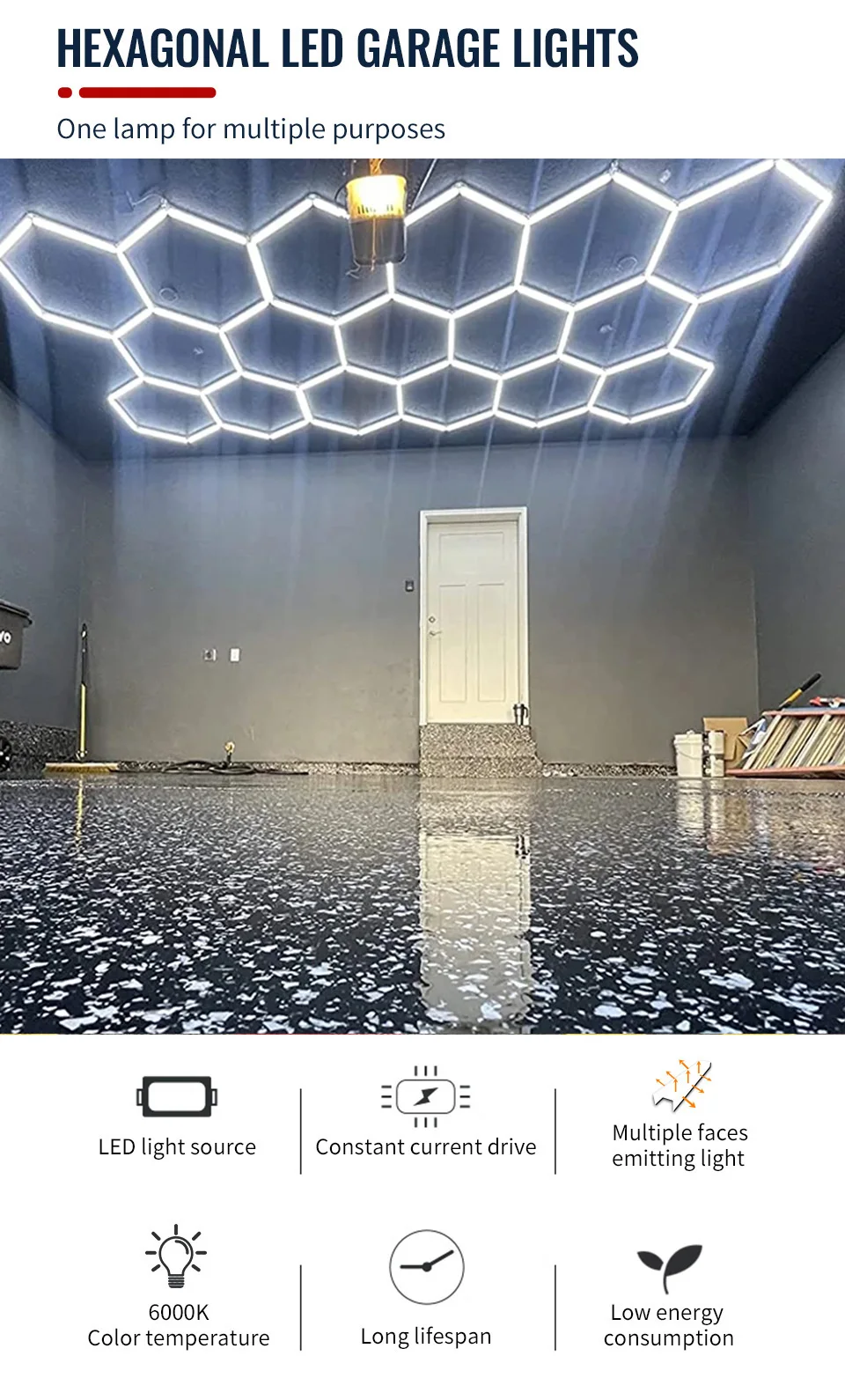Description Picture 2 of itemHexagon Garage Light LED Cutomized Detailing Ceiling AC85-265V Hexagon Garage Light For Showroom Workshop Barber DIY Accessories