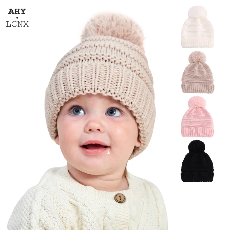 Baby Knitted Hat Winter Beanie Warm Pompom Children Knit Hats For Girl