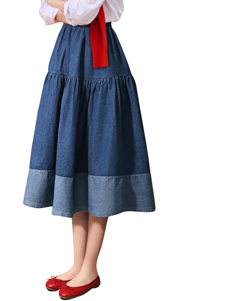 

High Waist Jeans Skirt Denim Skirt Splice Elastic Waist Casual A-line Midi Skirt Summer Outfits for Women 2023 Fashion Clothes
